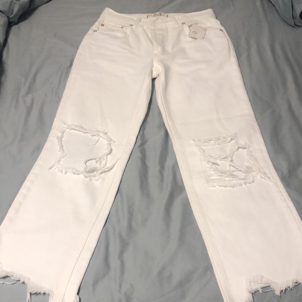 We The Free 24 - NWT Optic White 100% Soft Denim Cotton/cutout & frayed cuff